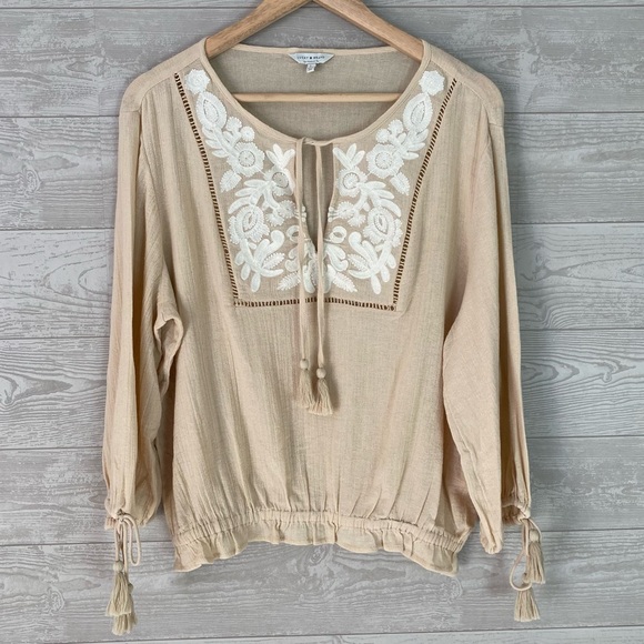 Lucky Brand Tops Lucky Brand Tan White Embroidered Gauze Tunic Top